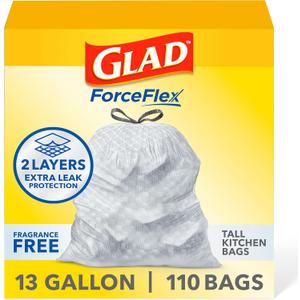 Glad ForceFlex Tall Kitchen Drawstring Trash Bags, 13 Gal, Fragrance Free, 110 Ct (Package May Vary)