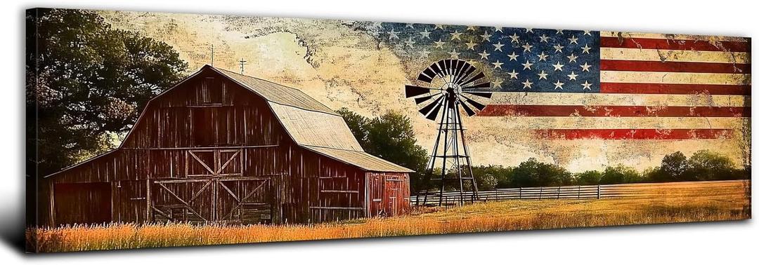 Farmhouse Barn Wall Art Vintage Country Windmill Pictures Wall Decor for Kitchen Living Room, Western Room Decor Old Barn Landscape Canvas Painting America Flag Poster Prints Artwork Decoration 14x48