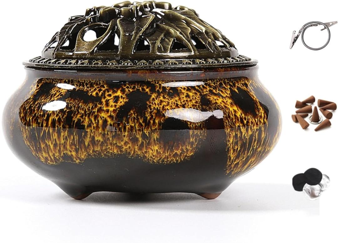 Incense Burner with Calabash Incense Stick Holder - Porcelain Charcoal Censer for Use with Resin Granular Powder Cone or Coil Incense (Fambe Yellow)