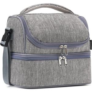 FlowFly Double Decker Cooler Insulated Lunch Bag Large Tote for Boys, Girls, Men, Women, With Adjustable Strap (Grey/Gray)