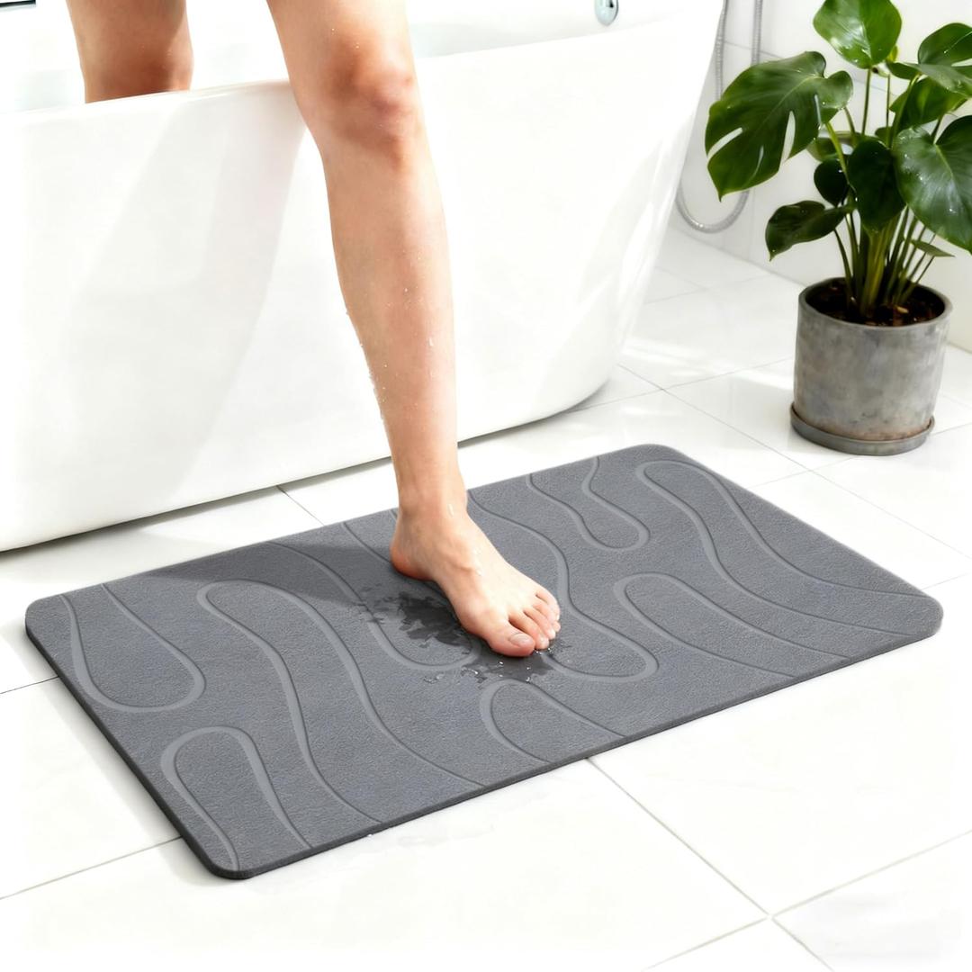 Stone Bath Mat, Diatomite Fast Drying Non Slip Stone Shower Mat, Super Absorbent for Bathroom & Kitchen, Multi-Use as Pet Mat, Easy to Clean 16"x24", Gray (Style 01-gray)