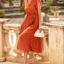 BTFBM Women Summer Bohemian Floral Casual Wrap V Neck Ruffle Cap Sleeveless Belt A-Line Pleated Hem Midi Sun Dress White (Orange, S)