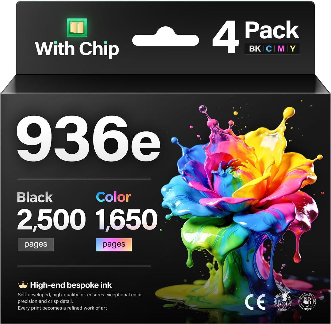 936e 936XL High Yield Ink Cartridges with Chip Combo 4-Pack Replacement for HP 936 936e Ink Works with HP OfficeJet Pro 9125e 9135e 9110b 9128e 9130b 9122e 9120e Wide Format 9730e Printers Black Color