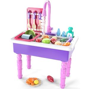 Play Kitchen Sink Toys, Electric Dishwasher Playing Toy with Running Water, Play Food & Tableware Accessories, Kitchen Set Toys, Role Play Sink Set for Toddlers Kids Boys Girls (Pink)