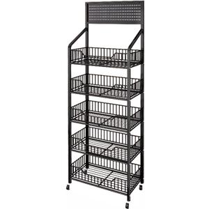 5 Tier Retail Display Rack, Metal Snack Rack with Wheels, 24inch Wide Chip Snack Display Stand with 15 Hooks for Kitchen Office Supermarket, Black