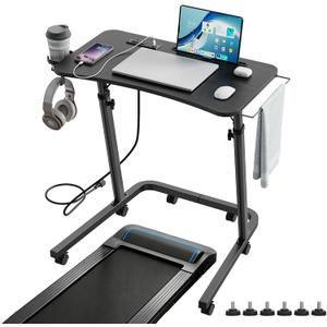 Adjustable Height Standing Desk for Walking Pad, Mobile Treadmill Desk with Power Socket, Cup Holder, Portable Rolling Laptop Table with Wheels for Home Office Work Bike Cycling Trainer, Black