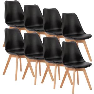 OLIXIS Dining Chairs Set of 8 Kitchen Mid Century Modern Chairs with Wood Legs and PU Leather Cushion for Living Room Bedroom Outdoor Lounge, Black
