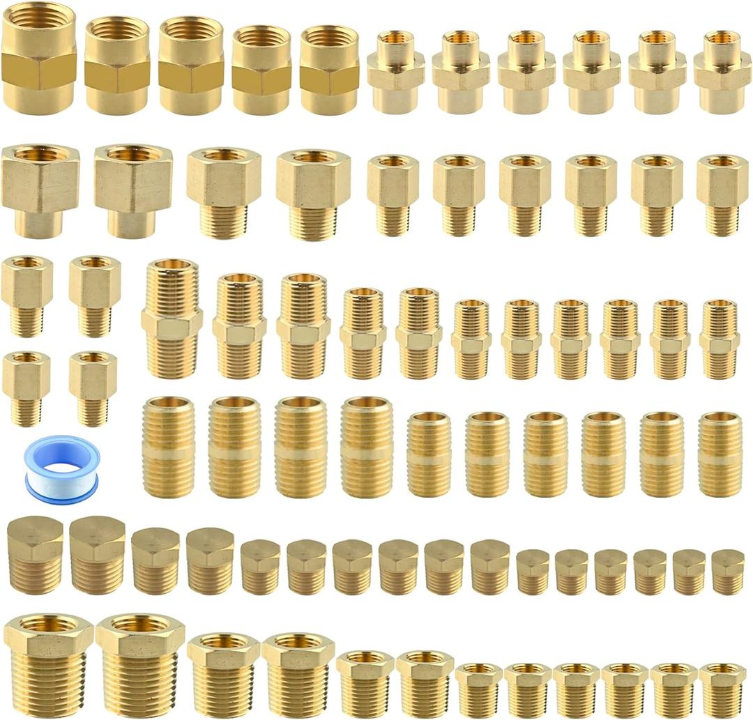 78PCS Brass Pipe Fittings Assortment Kit NPT Adapter, Hex Nipple, Hex Coupling, Reducer Busing, Hex Coupling, Close Nipple, Hex Head Plug Brass Fittings Kits