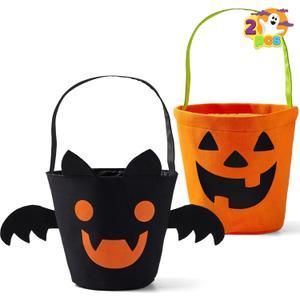 JOYIN 2 PCS Halloween Trick or Treat Bags, 6 X 9 Orange Pumpkin Candy Bucket for Trick or Treating, Black Reusable Bat Goody Tote Bucket, Portable Felt Baskets for Kids Halloween Party Favor Supplies