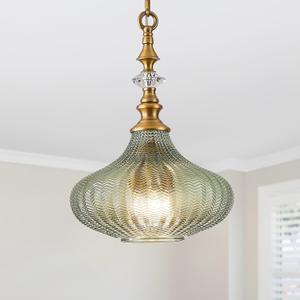 3-Light Chandelier,Vintage Gold Farmhouse Pendant Light Fixture for Kitchen,Adjustable Hanging Lighting with Green Glass Shade for Hallway Bedroom Entryway Dining Room Island