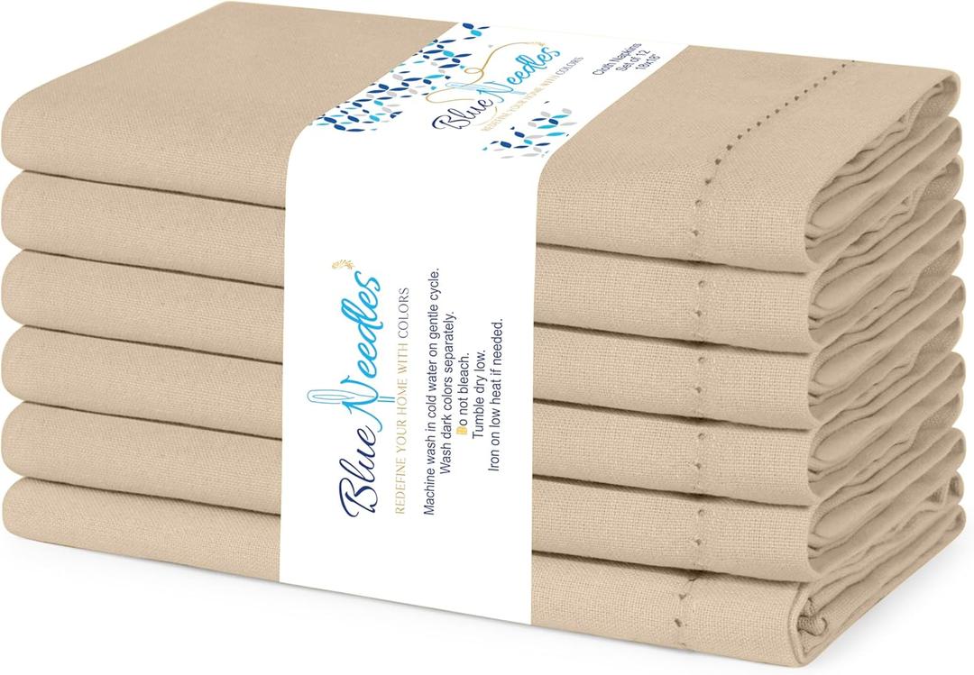 Blue Needles Set of 6 Hemstitch Linen Napkins 100% Cotton Beige Cloth Dinner Napkins 18x18 inches, Soft, Reusable, Absorbent, Washable, Ideal for Christmas Events, Parties & Everyday Use