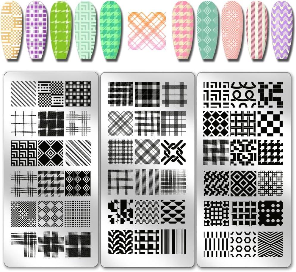PH PandaHall 3pcs Classic Plaid Pattern Nail Stamp Plate Tartan Nails Art Stencils Stainless Steel Nail Image Plate Plaid Pattern Print Art Template for Women DIY Printing 4.7x2.3 inch