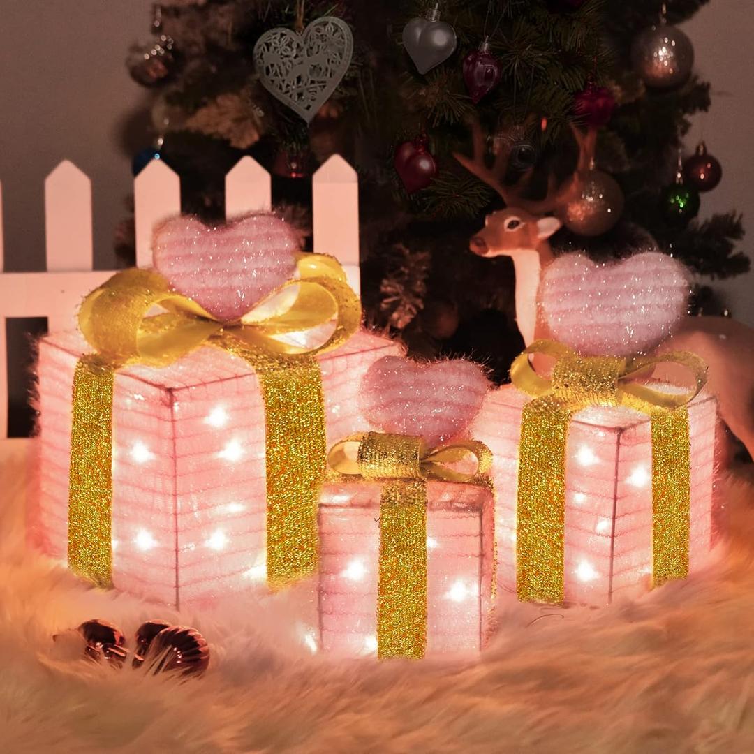 Pink Christmas Decor Light up Gift Boxes with Heart, Light up Xmas Boxes with Battery Operated for Wedding Christmas Valentine's Day Decorations Indoor and Outdoor (3 Pack) (Pink Heart)