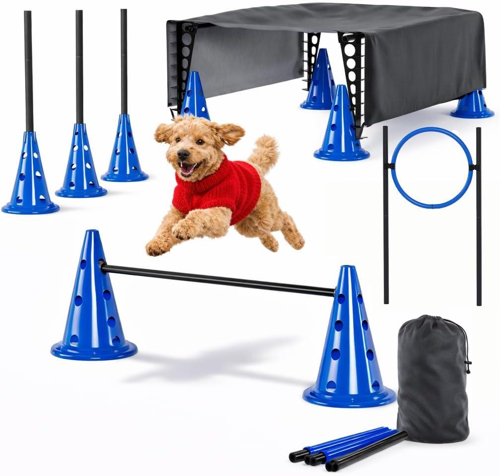 Dog Agility Course Backyard Set Complete Dog Agility Equipment with Cones, Carry Bag, Tunnels for Dogs, Jump Ring - Pet Training Playground, Dogs Obstacle Course Backyard for Indoor Outdoor