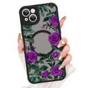 AIGOMARA for iPhone 15 Pro Case, Compatible with MagSafe, Cute Rose Flower Pattern with Semi-Transparent Frosted Phone Case for Woman Gilrs Soft TPU and PC Back Protective Slim Phone Cover Purple