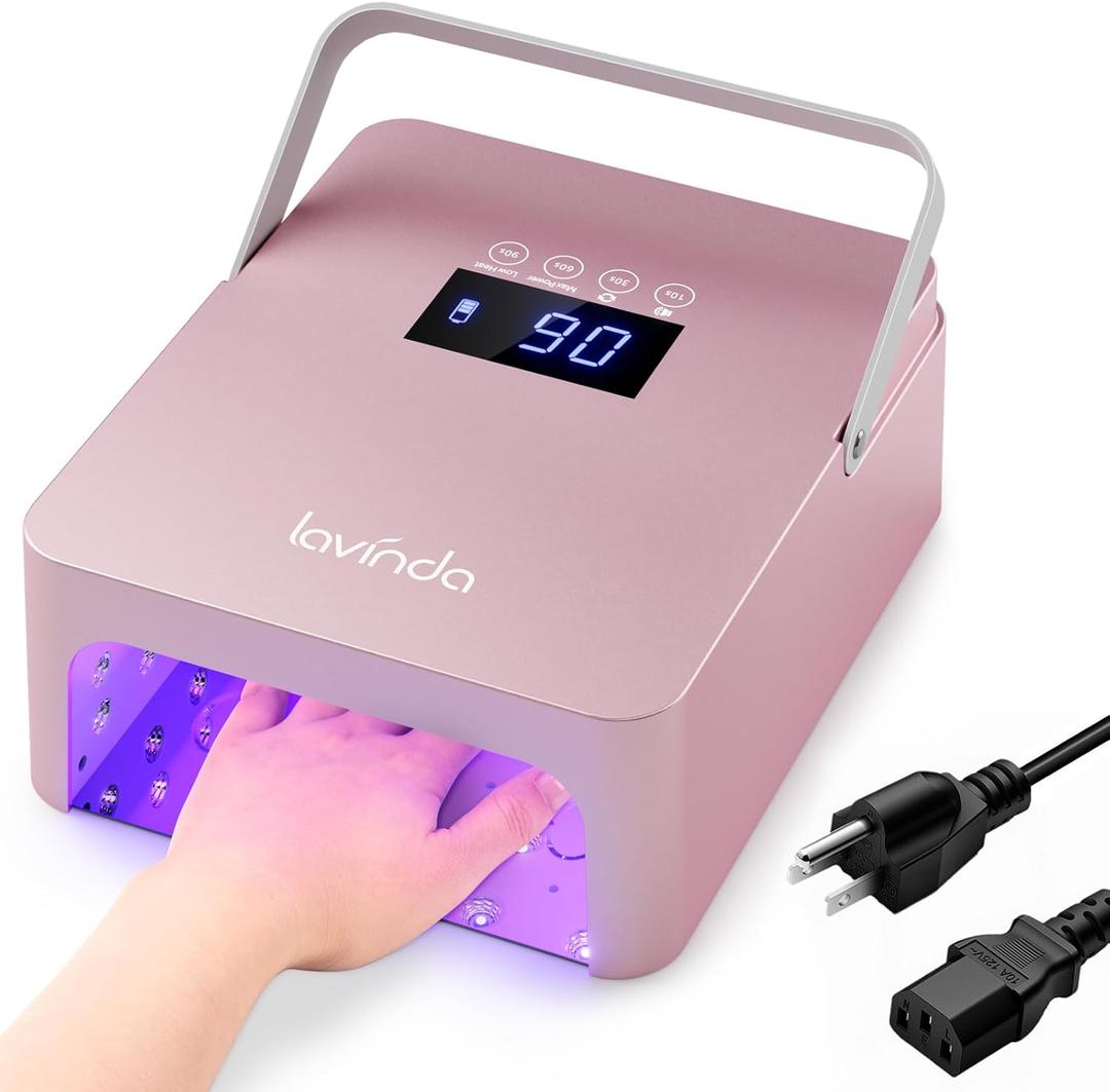 Lavinda 60W Large Professional Nail Lamp with Portable Handle, UV/LED Nail Dryer with Features Dual-Temp Control & LCD Timer,Rechargeable 5200mAh for Cordless Salon. (Rose Gold Pro)