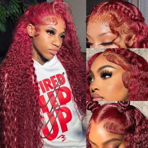 99j Burgundy Wig Human Hair 13x6 Deep Wave Lace Front Wigs Human Hair 180 Density Red Colored Wigs Human Hair for Black Women Burgundy Deep Curly Lace Frontal Wigs (30 Inch)