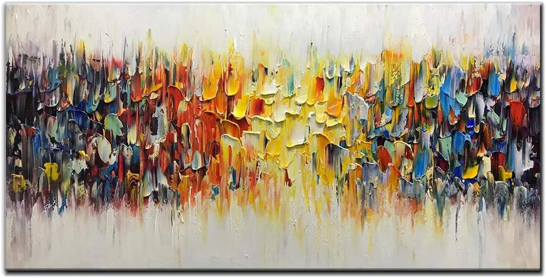 AMEI Art, 24x48Inch Hand Painted Abstract Knife Oil Painting Yellow White Textured Wall Art Colorful Modern Artwork Handmade Acrylic Painting Stretched and Framed Ready to Hang