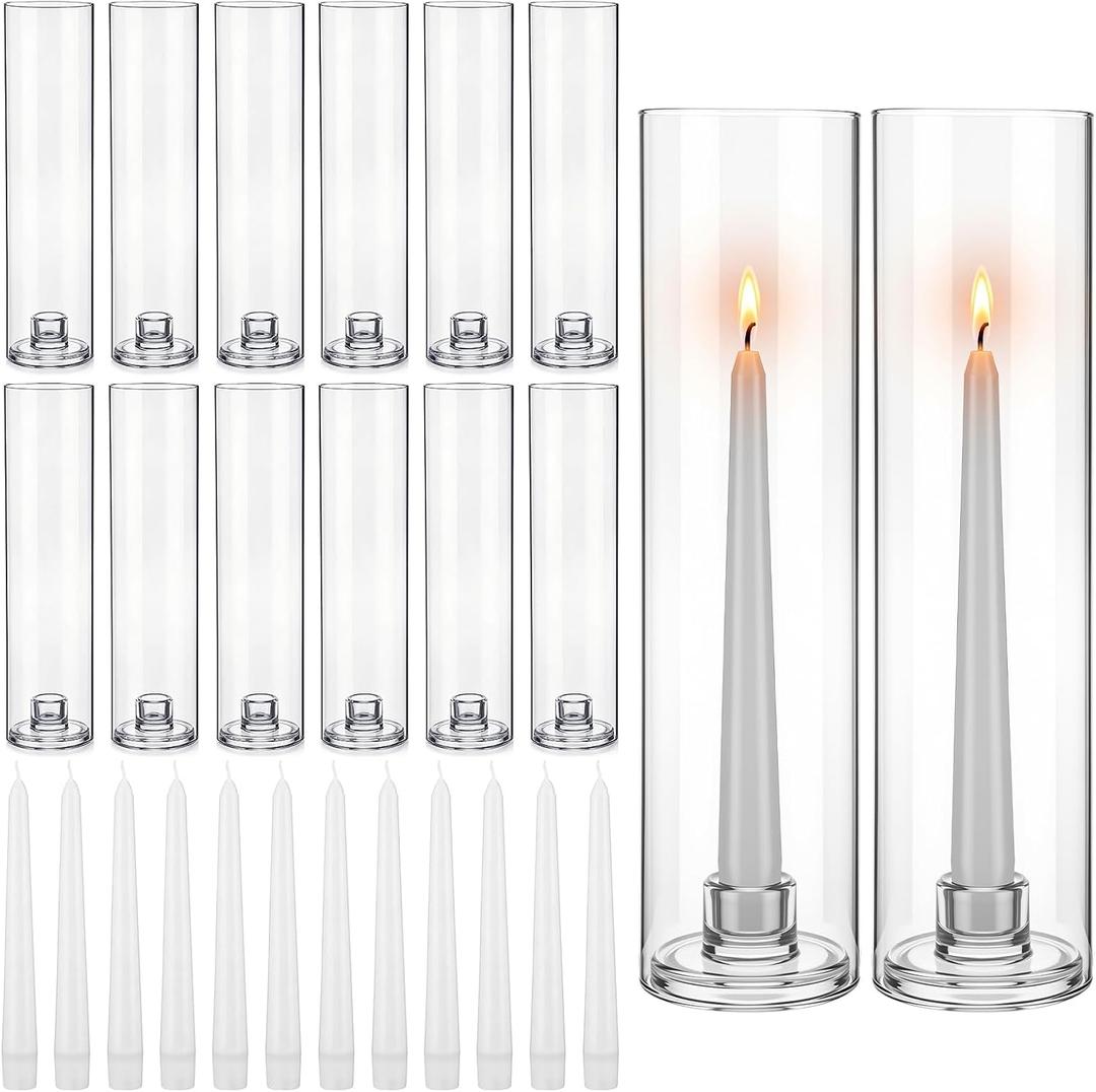 36 Pcs 12" Tall Hurricane Glass Candle Holders with Taper Candles