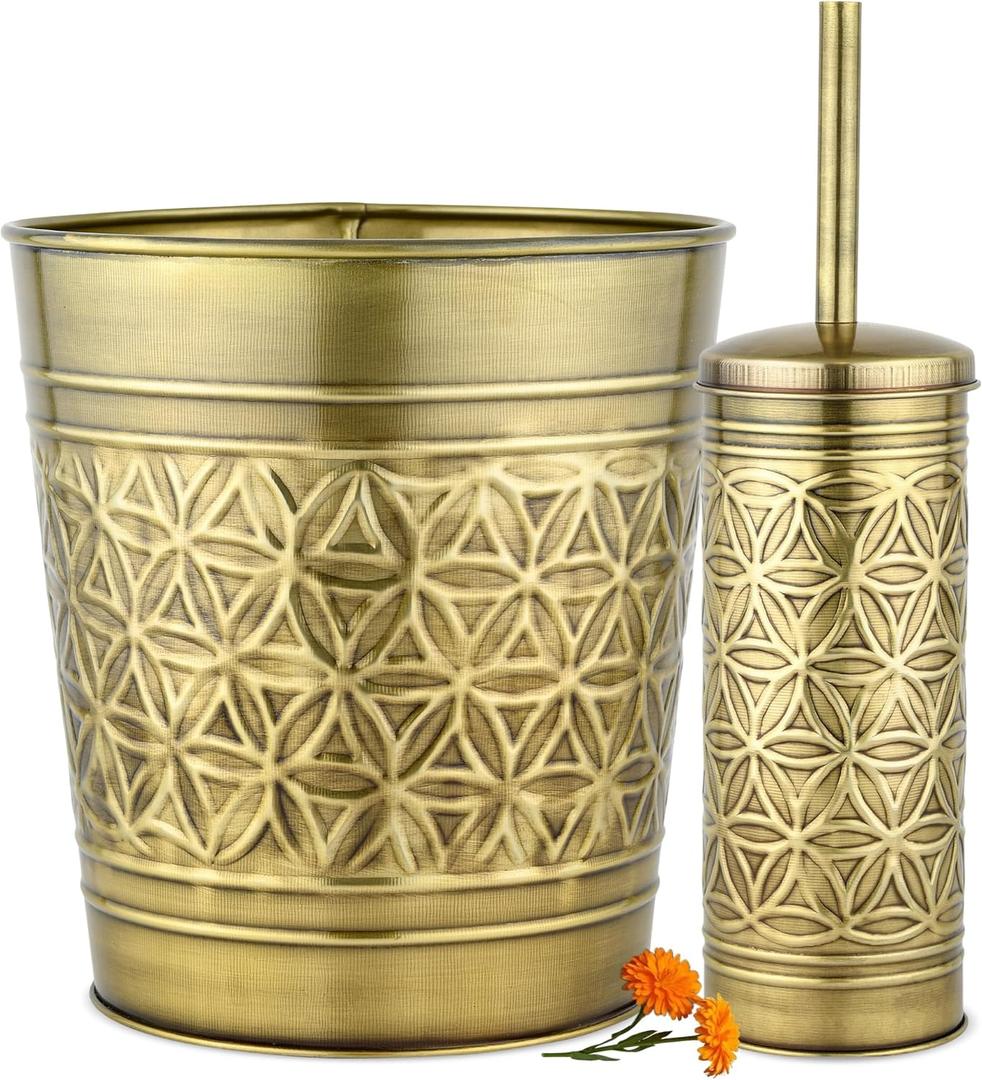 Autumn Alley Toilet Brush and Holder Set with Brushed Brass Bathroom Trash Can – Brass Bathroom Accessories Garbage Can Set for Rustic and Modern Bathroom Décor