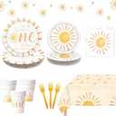 First Trip Around the Sun 1st Birthday Decorations Bohemian Hippie Sunshine Theme Party Tableware Includes Paper Plates Cups Napkins Forks Tablecloth for Baby Shower Party, Serves 24