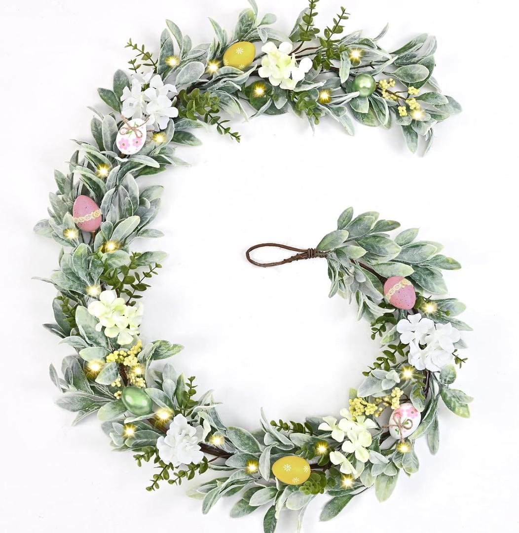 Waipfaru 6Ft Easter Egg Garland with Lights, Spring Garland for Mantle, Easter Table Mantel Decorations, Flower Vine with Lambs Ear for Stairs Fireplace Tree Home Decor