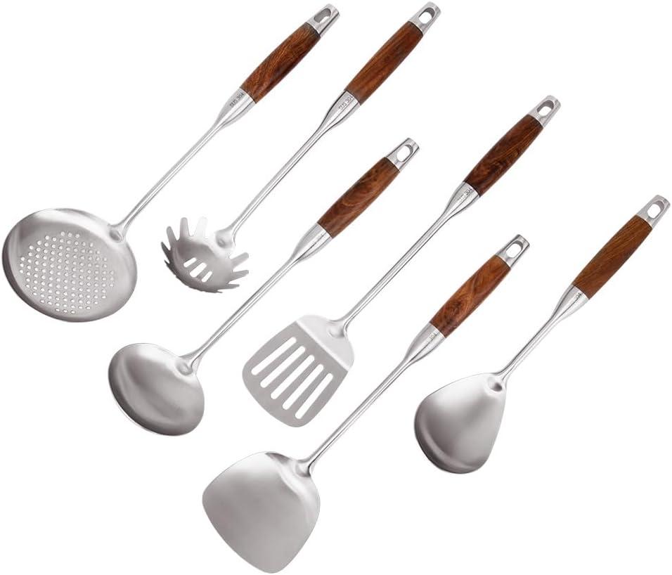 VALESKA Kitchen Utensils Set with Wood Handle, 6 Pieces Stainless Steel Utensils Set, Metal Cooking Utensils Set, Non-Stick and Heat Resistant