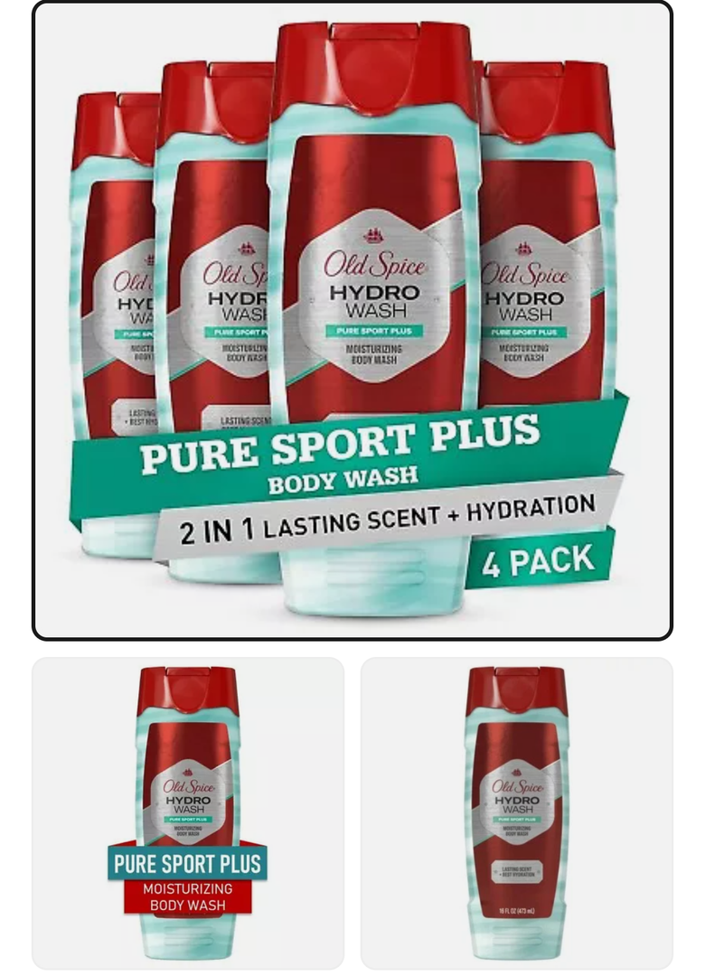 Old Spice Men's Moisturizing Hydro Body Wash Pure Sport Plus, Lemon, 4 X 16 oz