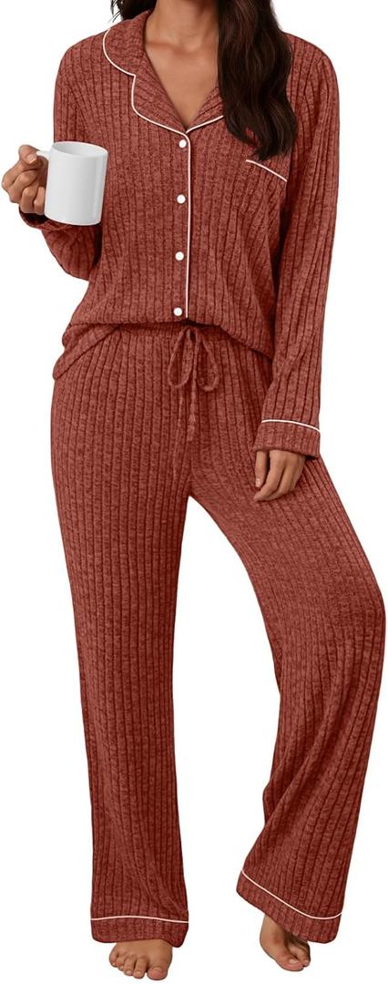 LILLUSORY Womens Winter Pajama Sets Lounge 2 Piece Pj Matching Cute Soft Long Sleeve Sleepwear (X-Large, Caramel)