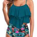 Womens Tankini Swimsuits Ruffled Tank Top Tummy Control Floral Modest Swimwear High Waisted Bikini, Teal, (Small)
