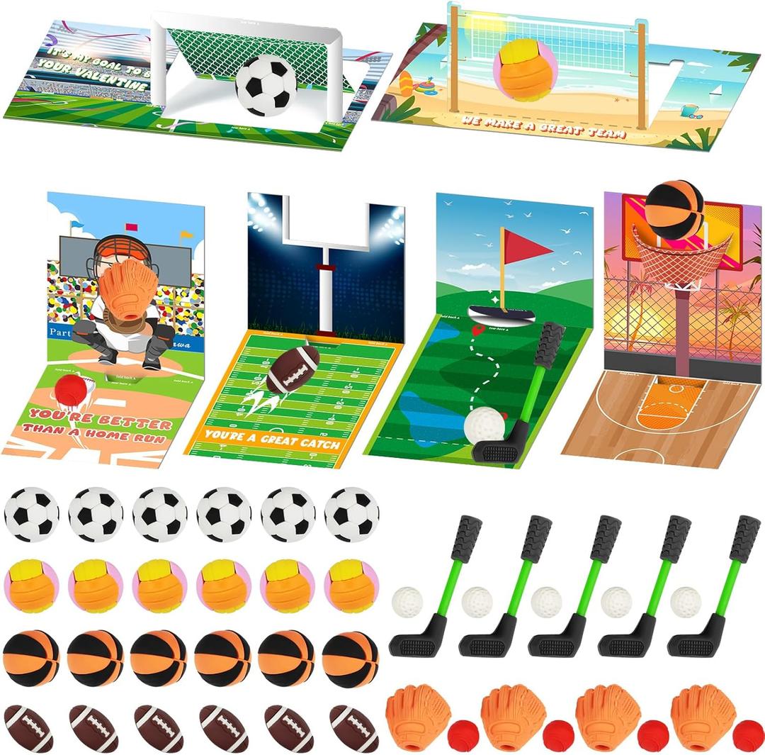 Poen 60 Set Valentine's Day Sports Game Cardswith Ball Erasers for Kids Valentine Classroom Gift Exchange Prizes School Funny Sport Eraser Valentines Party Favors