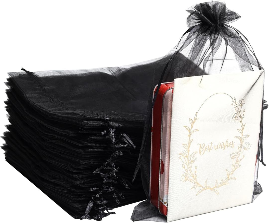 Uigidori 100 Pcs Premium Organza Bags, 8 x 12 Inches Sheer Organza Gift Pouches with Drawstring, Large Mesh Favor Bags for Wedding Favors, Party, Jewelry, Christmas, Makeup Wrapping Supplies (Black)
