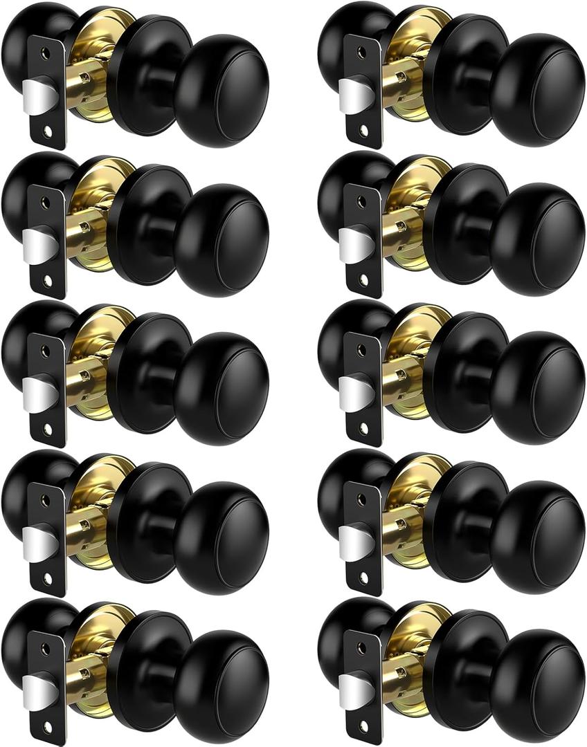 Passage Door Knobs, 10 Pack Matte Black Door Knobs, Hallway Closet Non-Locking Interior Doorknobs, Round Door Handles Keyless Reversible for Left/Right Handed Doors