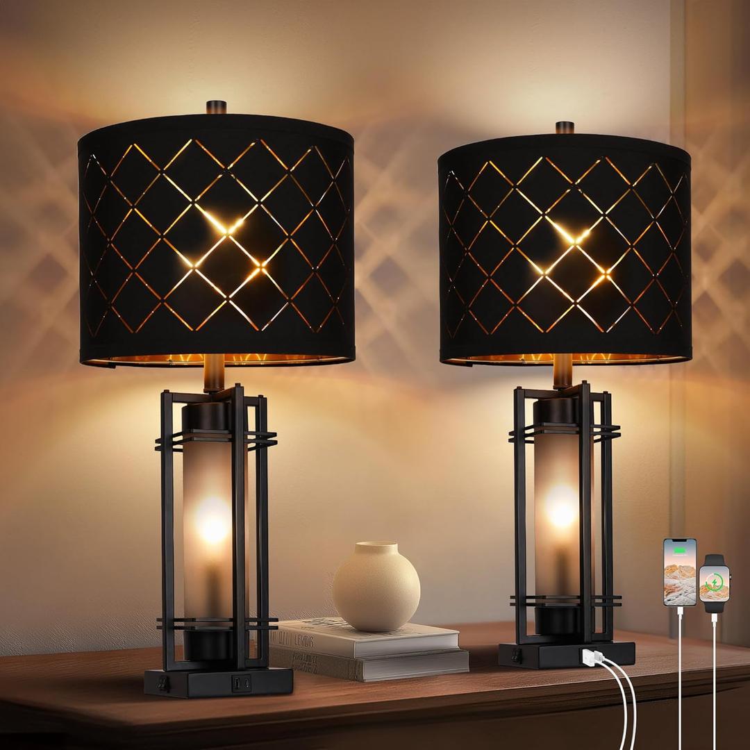 Modern Table Lamp Set of 2, Nightstand Lamps with Black Grid Shade, Bedside Lamps with USB A+C Charging Ports, Decorative Table Lamp, Square Base, Desk Lamps for Living Room, Bedroom, 2 Bulbs Included
