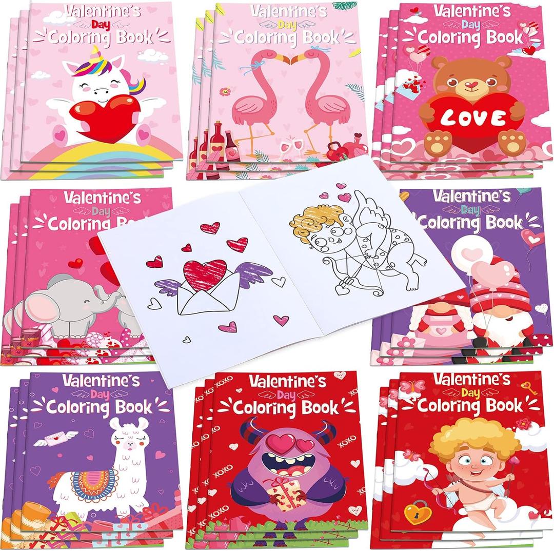 Censen 24 Pcs Valentine's Coloring Book Valentine's Gift Pages Cupid Coloring Card Heart Elephant Unicorn Hand-Drawn Book with Cute Images 12 Pages