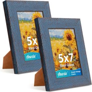 5x7 Picture Frame, 2 Pack Vintage Picture Frames 5x7 Real Glass for Wall and Tabletop Display, Rustic 5 x 7 Photo Frame Antique Blue, Widen Border