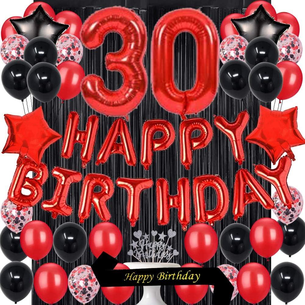 30TH Birthday Party Decorations Supplies Red Black Later Balloons Happy Birthday Cake Topper Sash Foil Black Curtains Foil Star Balloons Number Red 30