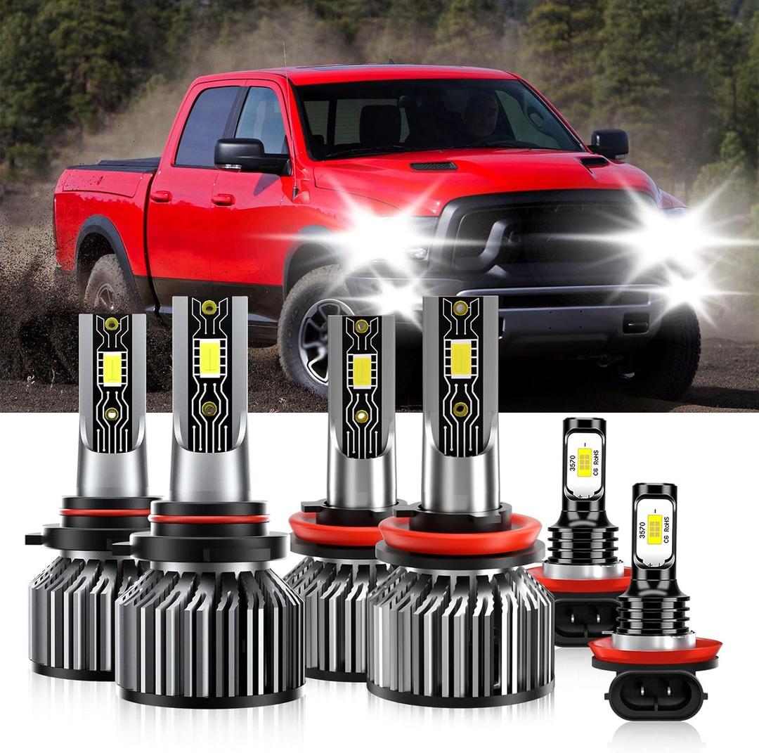 Compatible For Ram 1500 2019-2023 9005 H11 High/Low Beam H11 Fog Light Bulbs, 600% Brightness 6500K White with Cooling Fan, Plug and Play, IP68 Pack of 6