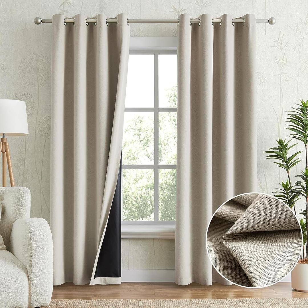 Natural Beige 100% Blackout Curtains for Bedroom, Thermal Insulated Linen Look Grommet Window Curtain Drapes with Black Layer for Living Room, 52 x 96 Inch Length, 2 Panels