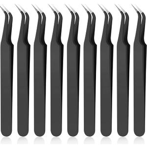 Honoson 9 Pieces Curved Pointed Craft Tweezers Stainless Steel Precision Tweezer with Protective Cover for Rhinestones Dried Flowers Craft Stickers Eyelash Extension Jewelry Making (Black)