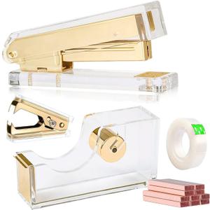Acrylic Gold Tape Dispenser & Desktop Stapler, Includes Staple Remover, Tape, 1000pcs Staples - Cute Office Stapler Set for Modern Design Desk Accessory Kit