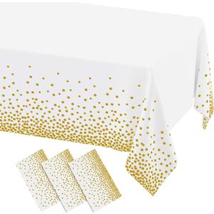misaya 3 Packs Dot Disposable Table Cloth, 54 x 108 Inch Waterproof Plastic Tablecloth, Rectangle Gold Dots in White Table Covers for Picnic, Birthday, Party