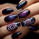 Medium Press on Nails Coffin Shape Acrylic Fake Nails Press Ons Black Gradient False Nails with Starry Sky Designs Purple Flower Stick on Nails Reusable Glue on Nails for Women Girls 24Pcs (A23)