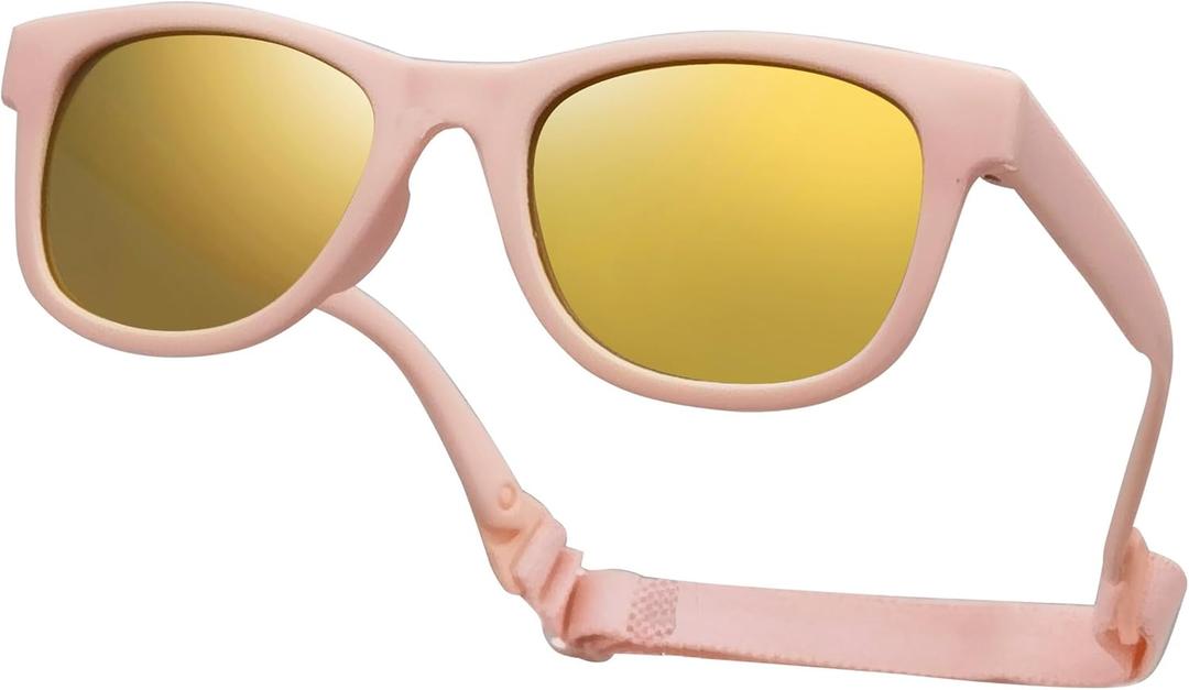 COOLSOME Kids Flexible Polarized UV400 Sunglasses with Strap For Boys Girls Toddler 0-10 (Peach/Mirrored(2-4 Yrs))