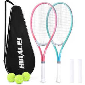 HIRALIY 27" Tennis Rackets Set for Adults, 2 Player Pre-Strung Tennis Racquets, 2 Overgrip Tapes,3 Balls, and 4 Carrying Bag, Outdoor Recreational Sport for Beginner, Men, Women (Pink/Green)