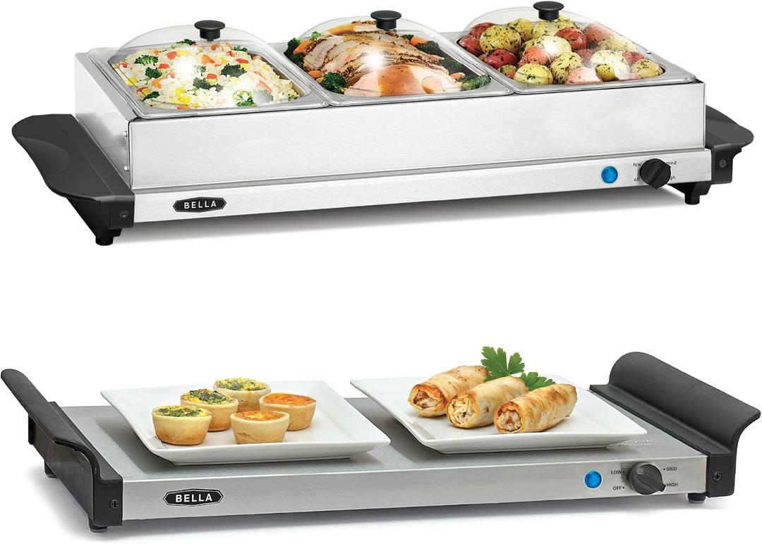 BELLA 4.5 Quart Triple Electric Buffet Server, Food Warming Tray & Slow Cooker - Brushed Stainless Steel Heated Serving Station for Parties & Catering