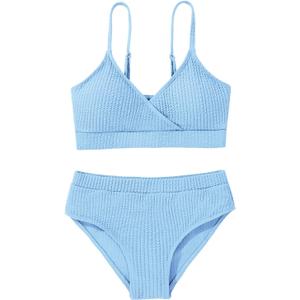 Girl's 2 Piece Swimsuit Solid Spaghetti Strap Bikini Sets Beach Bathing Suit Swimwear for Teen Girls (Blue)