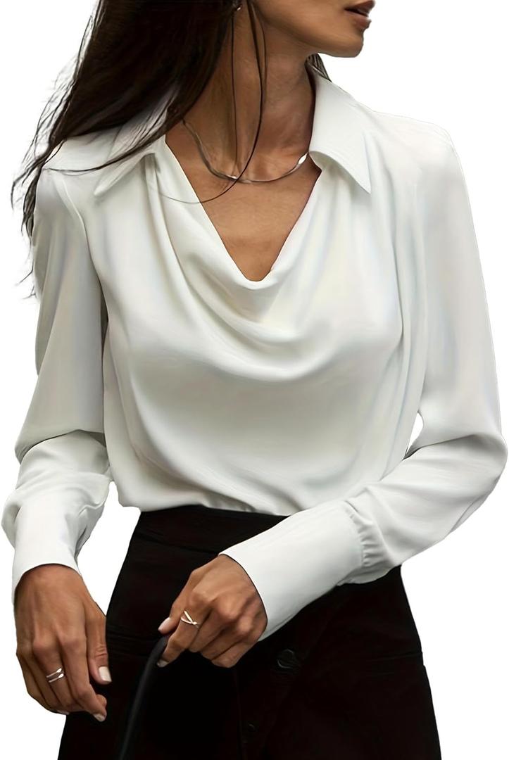 SOMTHRON Women's Elegant Satin Silk Blouse Cowl Neck Ruched Front Draped Long Sleeve Work Office Shirt Top (Large, White)