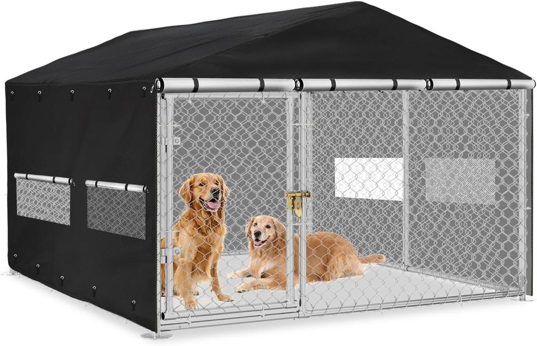Outdoor Dog Kennel Cover,10'Dx10'Wx7'H Full Coverage Windproof Anti-UV Dog Cages Covers,with Transparent PVC Window & Breathable Mesh,600D Heavy Duty Waterproof Kennel Cover,Covers Only, Black