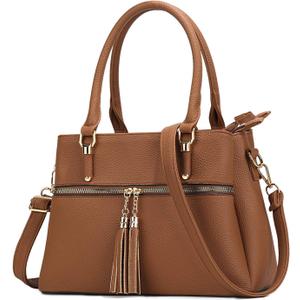 KKXIU Women Satchel Bags Handle Shoulder Handbags and Purses Pockets Zipper Leather Crossbody Bags, D-Brown
